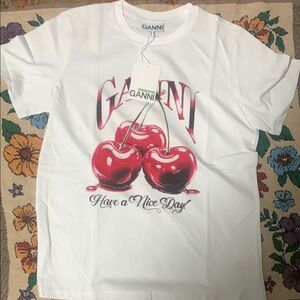 Ganni White Tee with Red Cherry Design